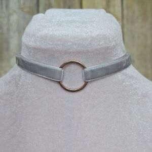 Gray Velvet Choker with Gold Ring